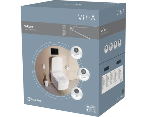 VitrA V-Care Smart Toilet Prime Verpackung mit Abbildung der Toilette, VitrA Logo und Symbolen für Hygiene, Smart Funktionen und mobile Anwendung.