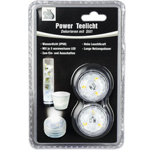 Set mit zwei wasserdichten LED-Teelichtern IP68 mit je drei warmweißen LEDs und praktischem Ein-Aus-Schalter.