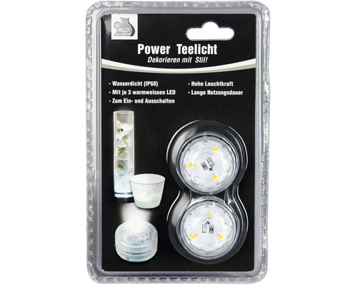 Set mit zwei wasserdichten LED-Teelichtern IP68 mit je drei warmweißen LEDs und praktischem Ein-Aus-Schalter.