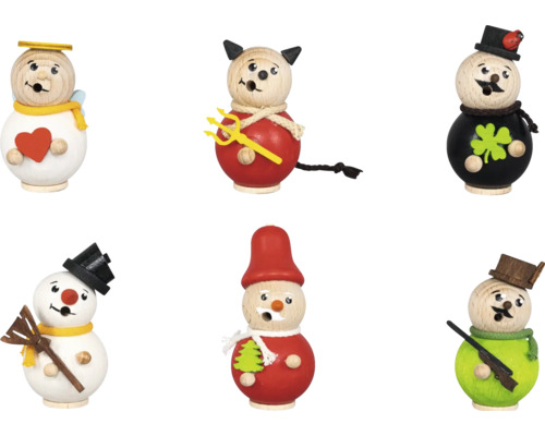 Sechs kleine dekorative Holzfiguren in verschiedenen Designs wie Engel, Teufel, Schornsteinfeger, Schneemann, Weihnachtsmann und Jäger.
