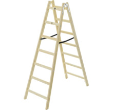 Beidseitig begehbare Holz-Doppelleiter mit schwarzen Sicherheitsgurten und Metallscharnieren.