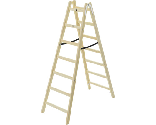 Beidseitig begehbare Holz-Doppelleiter mit schwarzen Sicherheitsgurten und Metallscharnieren.