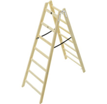 Beidseitig begehbare Hailo Holz-Stehleiter mit stabilisierenden Spanngurten.