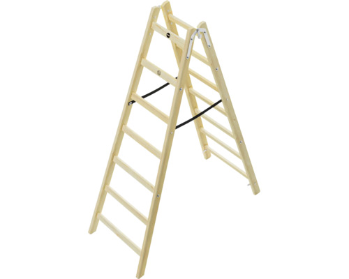 Beidseitig begehbare Hailo Holz-Stehleiter mit stabilisierenden Spanngurten.