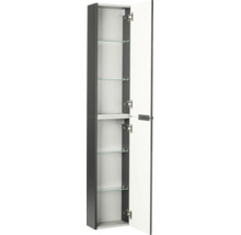 Hoher Badezimmerschrank in Anthrazit und Weiß mit zwei offenen Türen und vier Glasböden.