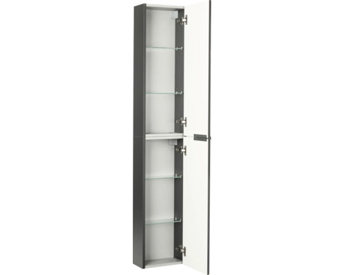 Hoher Badezimmerschrank in Anthrazit und Weiß mit zwei offenen Türen und vier Glasböden.