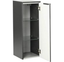 Badezimmer-Midischrank in Anthrazit und Weiß mit geöffneter Tür, zwei Glaseinlegeböden und Metallscharnieren.
