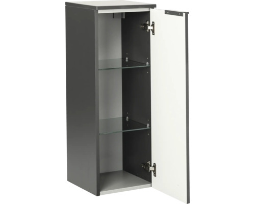 Badezimmer-Midischrank in Anthrazit und Weiß mit geöffneter Tür, zwei Glaseinlegeböden und Metallscharnieren.
