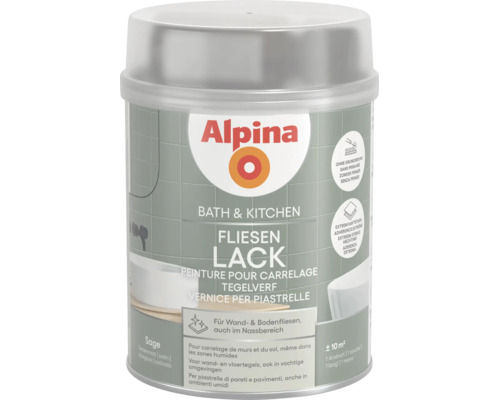 Alpina Bad und Küche Fliesenlack in Sage, seidenmatt, für Wand- und Bodenfliesen in Nassbereichen, ohne Grundierung, extrem haftstark.