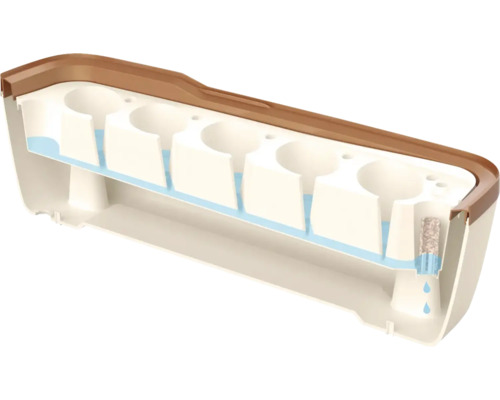 Schnittmodell eines Balkonkastens mit Bewässerungssystem, Wasserspeicher und Überlauffunktion.