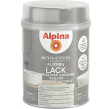 Alpina Logo. Alpina Fliesenlack Granite seidenmatt für Bad und Küche, Wand- und Bodenfliesen. Ohne Grundierung, circa 10 Quadratmeter.