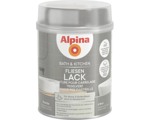 Alpina Logo. Alpina Fliesenlack Granite seidenmatt für Bad und Küche, Wand- und Bodenfliesen. Ohne Grundierung, circa 10 Quadratmeter.