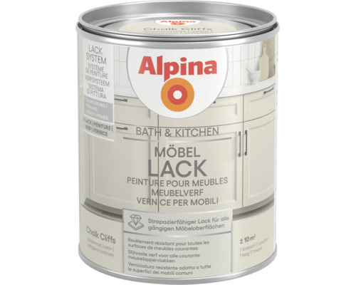 Alpina Möbellack Bath und Kitchen Chalk Cliffs, seidenmatt, strapazierfähiger Lack für alle gängigen Möbeloberflächen.