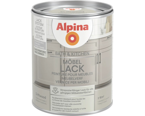 Alpina Möbellack Bath und Kitchen Driftwood, seidenmatt, für circa 10 Quadratmeter, strapazierfähig.