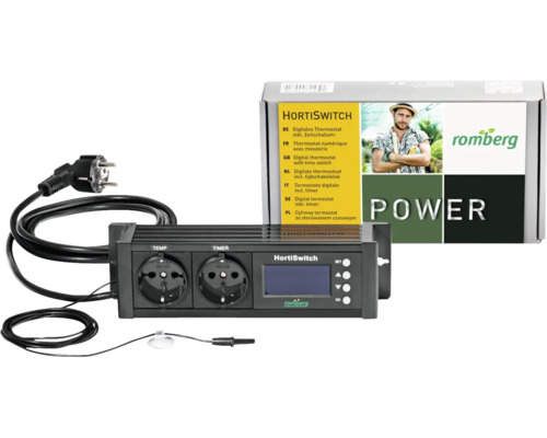 Romberg HortiSwitch Digitales Thermostat inklusive Zeitschaltuhr, zwei Steckdosen, digitales Display und Temperaturfühler.