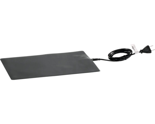 Schwarze rechteckige Heizmatte mit Netzkabel und Stecker.