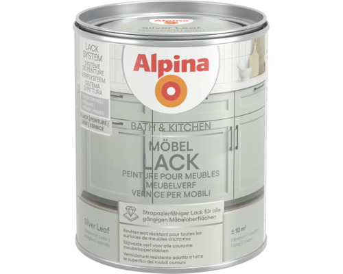 Alpina Möbellack Bath und Kitchen, Farbton Silver Leaf, seidenmatt, strapazierfähiger Lack für Möbeloberflächen in Bad und Küche.
