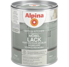 Alpina Möbellack Bath und Kitchen im Farbton Sage, seidenmatt, strapazierfähiger Lack für Möbeloberflächen, Alpina Logo.
