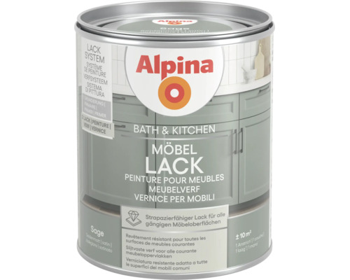 Alpina Möbellack Bath und Kitchen im Farbton Sage, seidenmatt, strapazierfähiger Lack für Möbeloberflächen, Alpina Logo.