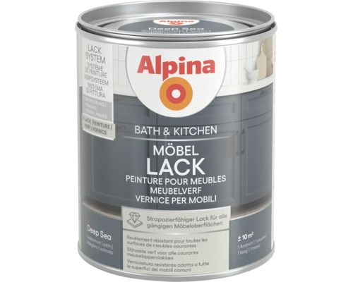 Alpina Möbellack Bath und Kitchen, Deep Sea, seidenmatt. Strapazierfähiger Lack für alle gängigen Möbeloberflächen in Bad und Küche.