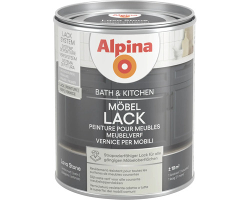Alpina Möbellack Bath und Kitchen, Lava Stone, seidenmatt, Ergiebigkeit circa 10 Quadratmeter, strapazierfähiger Lack für Möbeloberflächen.
