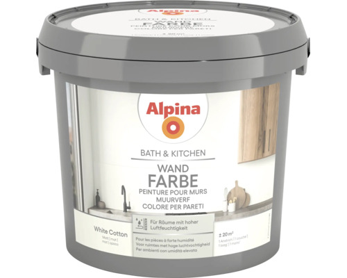 Alpina Wandfarbe Bath und Kitchen für Räume mit hoher Luftfeuchtigkeit, matt, Reichweite circa 20 Quadratmeter, White Cotton, Alpina Logo.