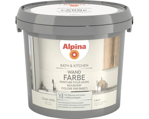 Alpina Wandfarbe Bath und Kitchen im Farbton Chalk Cliffs, matt, geeignet für Räume mit hoher Luftfeuchtigkeit.