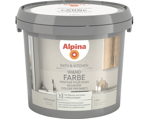 Alpina Wandfarbe Bath and Kitchen für Räume mit hoher Luftfeuchtigkeit, matt, Farbton Driftwood.