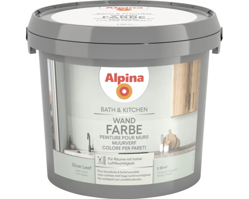 Alpina Wandfarbe Bath und Kitchen im Farbton Silver Leaf matt für Räume mit hoher Luftfeuchtigkeit, Reichweite circa 20 Quadratmeter.