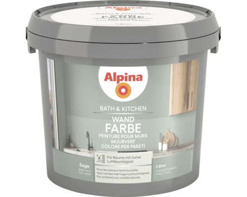 Alpina Wandfarbe Bath und Kitchen im Farbton Sage, matt, für Räume mit hoher Luftfeuchtigkeit, Reichweite circa 20 Quadratmeter.
