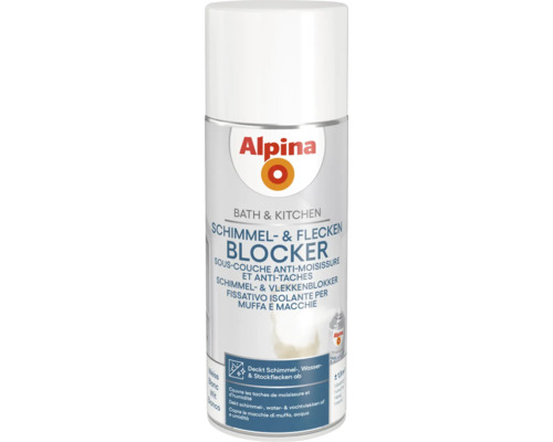 Weiße Alpina Bath and Kitchen Schimmel- und Fleckenblocker Spraydose für Bad und Küche zum Abdecken von Schimmel- und Wasserflecken.