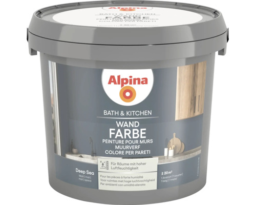 Alpina Bath und Kitchen Wandfarbe Deep Sea matt für Räume mit hoher Luftfeuchtigkeit, Reichweite circa 20 Quadratmeter.