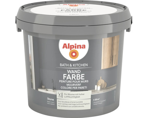 Alpina Wandfarbe Bath and Kitchen Stone matt für Räume mit hoher Luftfeuchtigkeit, Ergiebigkeit für circa 20 Quadratmeter.