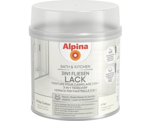 Alpina 3 in 1 Fliesenlack Bath und Kitchen für Wandfliesen und Bodenfliesen, seidenmatt, Farbton White Cotton.
