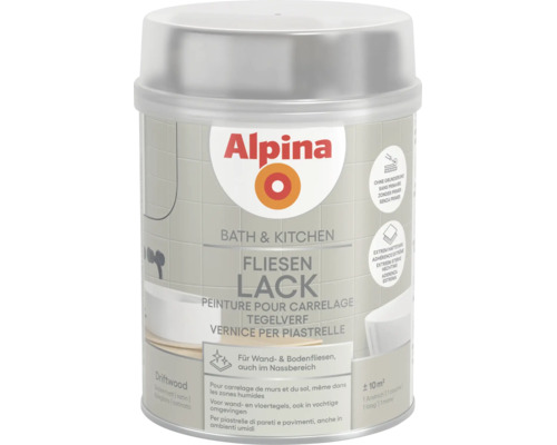 Alpina Fliesenlack Bath und Kitchen, Driftwood, seidenmatt, für Wand- und Bodenfliesen im Nassbereich, ohne Grundierung, circa 10 Quadratmeter.