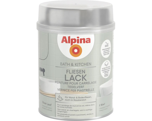 Alpina Logo, Fliesenlack Bath und Kitchen, Silver Leaf, seidenmatt, für Wand- und Bodenfliesen, ohne Grundierung, circa 10 Quadratmeter.