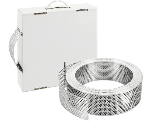 Lochband aus Metall in einem Karton mit Tragegriff.