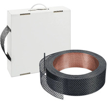 Gitterband-Rolle mit kupferfarbenem Kern und weißem Verpackungskarton mit Griff.