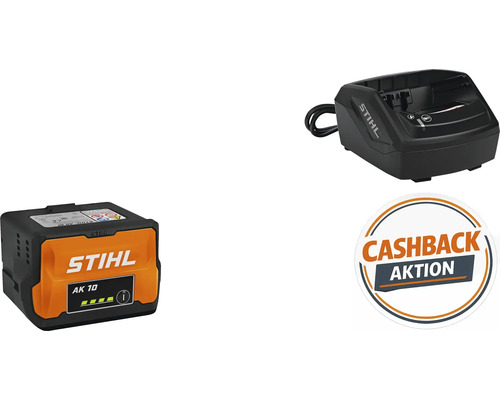 STIHL Lithium-Ionen-Akku AK 10 und Ladegerät AL 101 mit Hinweis auf Cashback Aktion.