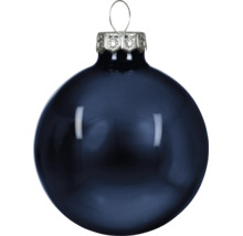 Weihnachtsbaumkugel aus glänzendem Glas in Dunkelblau mit silberner Aufhängung.
