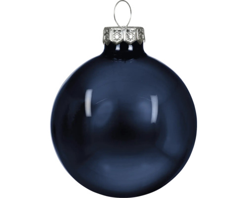 Weihnachtsbaumkugel aus glänzendem Glas in Dunkelblau mit silberner Aufhängung.