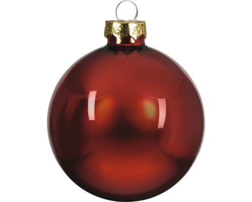 Glänzende rote Weihnachtskugel aus Glas mit goldener Kappe und Aufhängung.