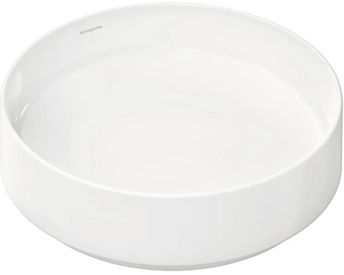 Hansgrohe Aufsatzwaschbecken rund aus weißer Keramik.