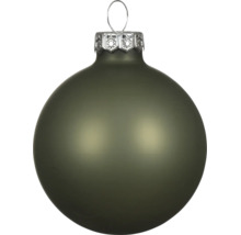 Weihnachtskugel aus Glas, mattgrün, mit silberner Krone und Aufhänger.