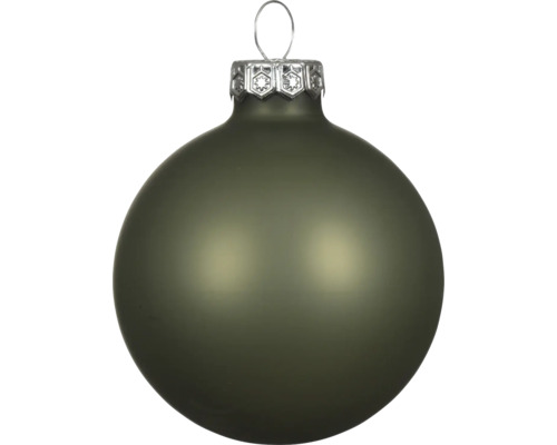 Weihnachtskugel aus Glas, mattgrün, mit silberner Krone und Aufhänger.