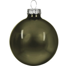 Glänzende Weihnachtskugel aus Glas in Olivgrün mit silberner Metallkappe und Aufhängeschlaufe.