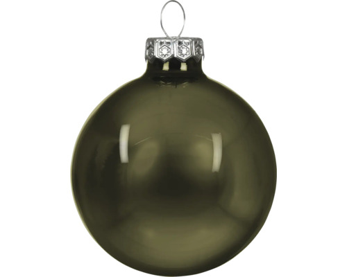 Glänzende Weihnachtskugel aus Glas in Olivgrün mit silberner Metallkappe und Aufhängeschlaufe.