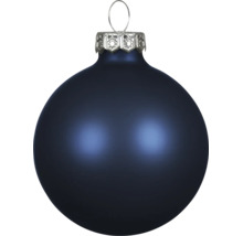 Dunkelblaue matte Weihnachtskugel mit silberfarbenem Verschluss und Aufhängeschlaufe.