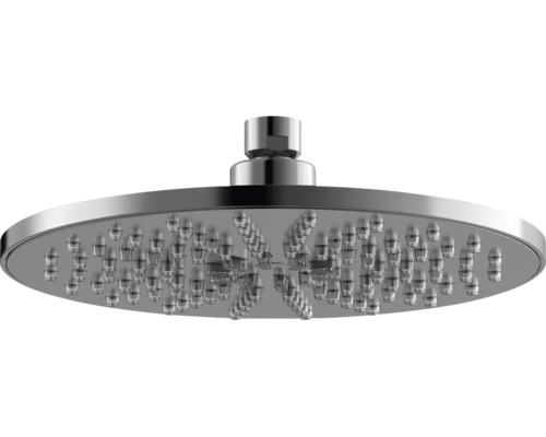 Runde Kopfbrause aus verchromtem Metall mit Silikondüsen für einen gleichmäßigen Regenstrahl.