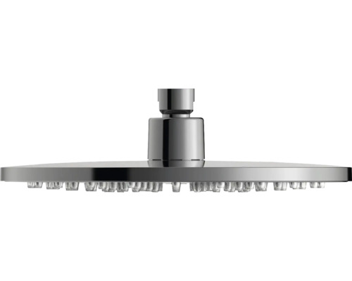 Kopfbrause aus Chrom, rundes Design, Seitenansicht mit Strahldüsen.